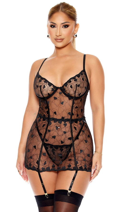 Heart You Embroidered Chemise Lingerie Set