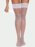 Lace Top Rhinestone Glittering Sheer Fishnet Stockings