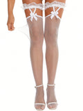 Bow Double Lace Butterfly & Rhinestone Sexy Fishnet Stockings White