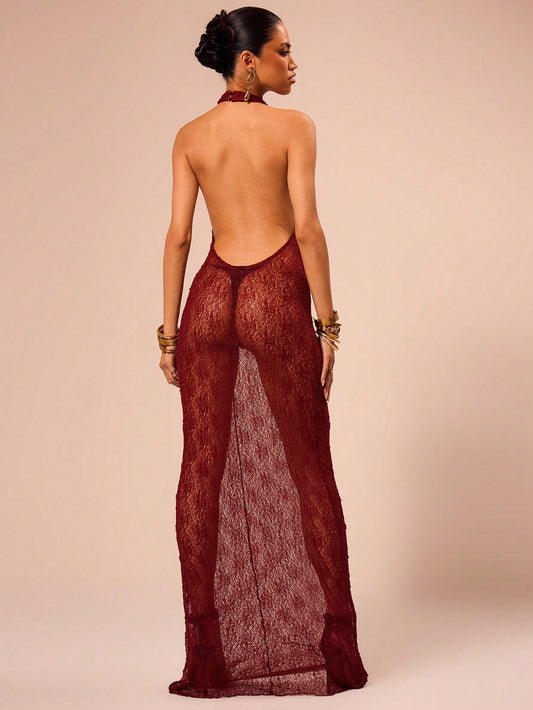 Burgundy Sheer Halter Neck Maxi Dress