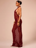 Burgundy Sheer Halter Neck Maxi Dress