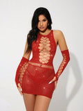 Hollow Out Lace Rhinstone Lingerie Club Dress With Gloves