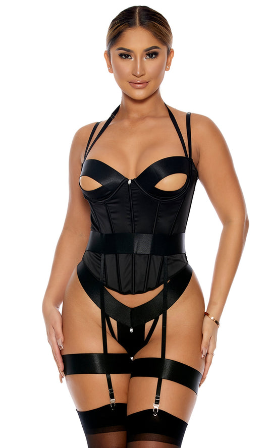 You Can Peek Bustier with Garters, Panty, and Thigh Straps Forplay Inc.