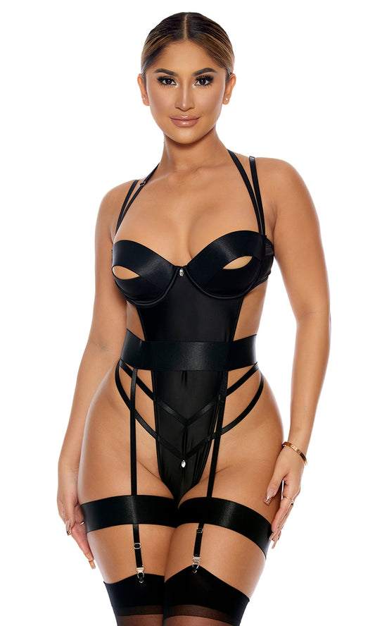 Black Teddy, Garter Belt and Thigh Straps Set Forplay Inc.