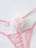 Mesh Pompom Detail Thong Pink